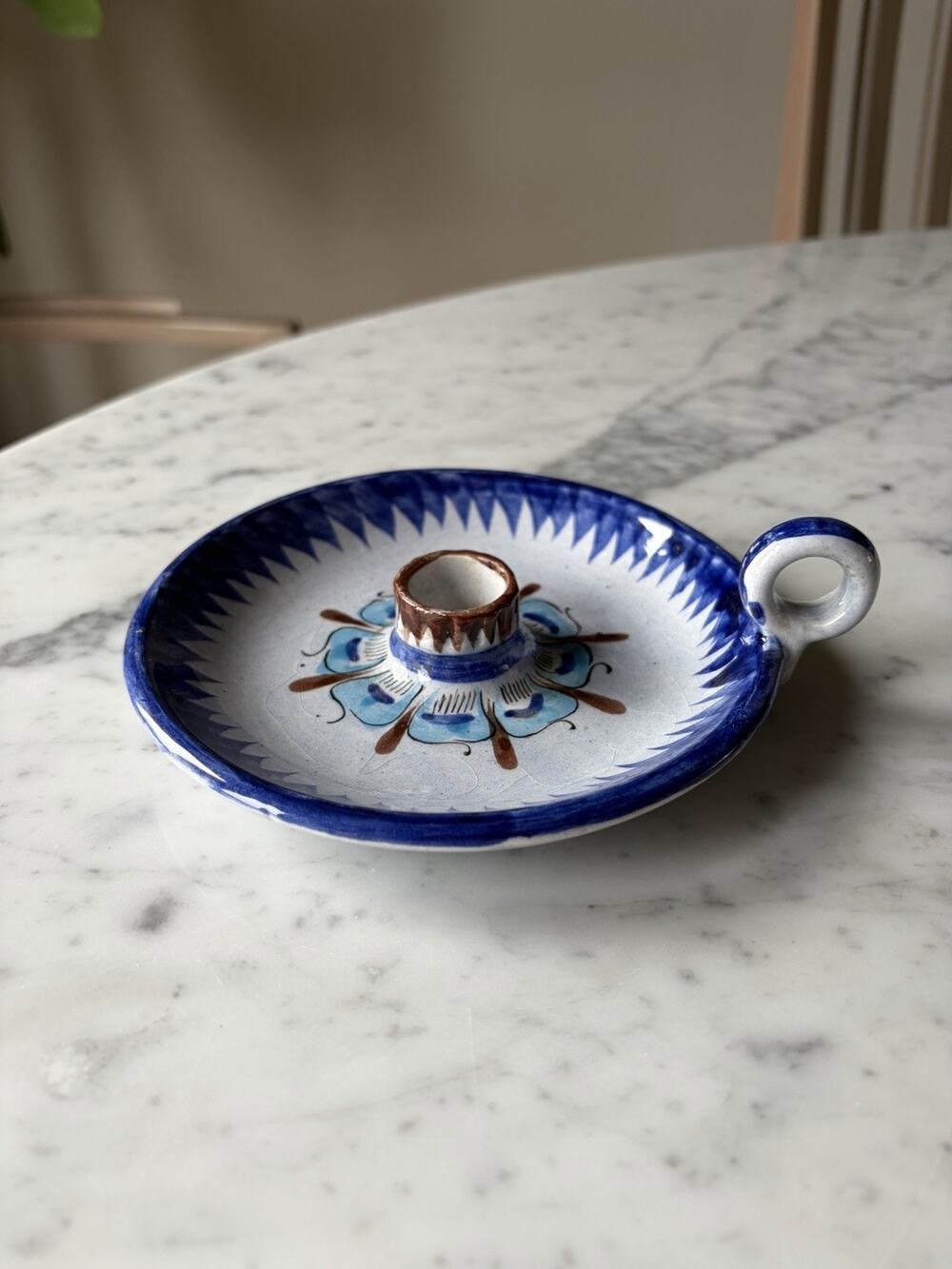 Handmade Ceramic Tonala Blue Brown White Glossy Floral Candle Holder Mexico 362